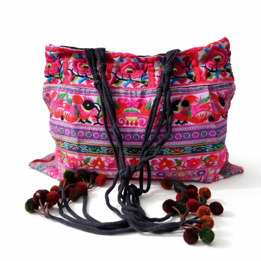 Hmong Embroidered Boho Tote Bag Floral Pom Pom Large